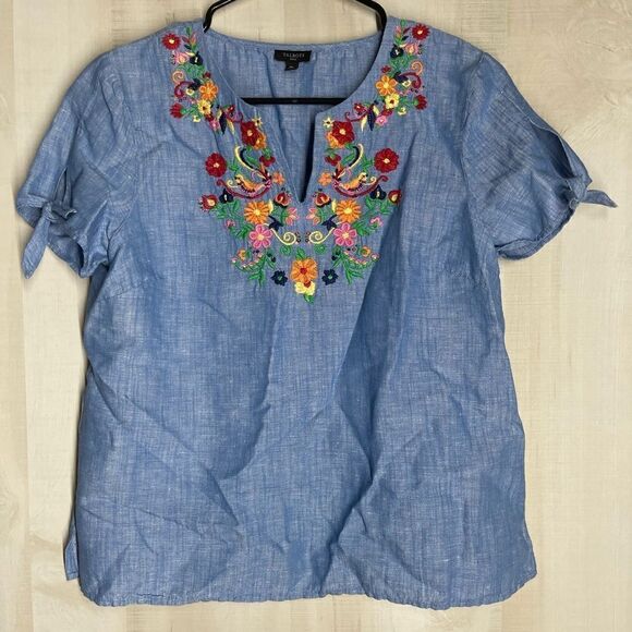 Talbots denim chambray short sleeve‎ embroidered top blouse, size medium petite - Picture 15 of 16